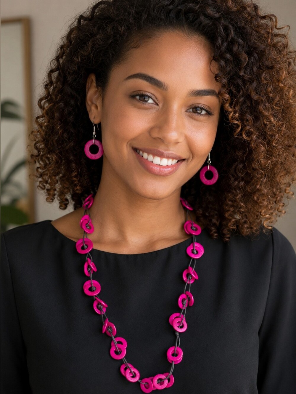 Hot Pink Disc Necklace and Earrings Set - Women Jewelry